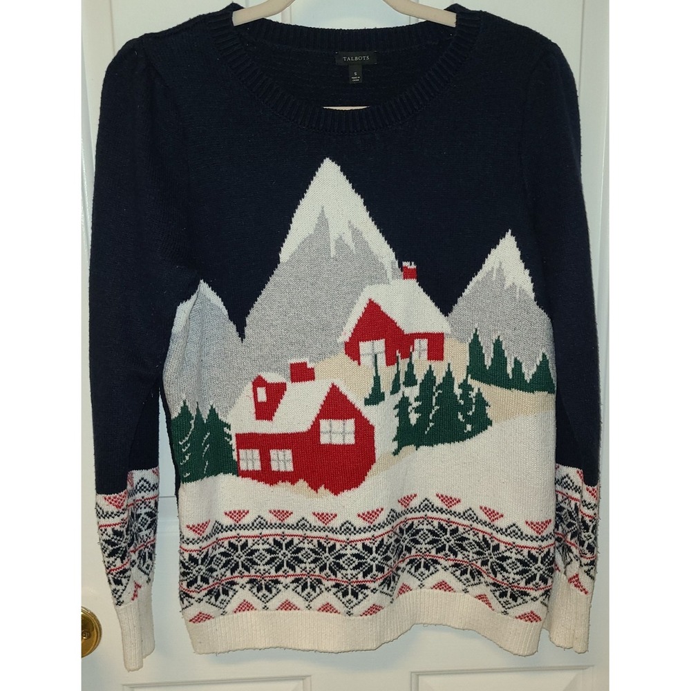 Talbots Women Sz S Blue‎ Ski Chalet Scene Crewneck Sweater